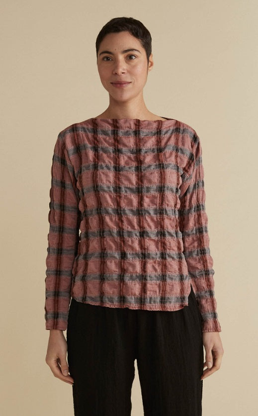 Cut Loose Crinkle Plaid Split Hem Top (XS, Cognac)- On Sale!