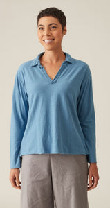 Cut Loose Linen Cotton Jersey Long Sleeve Polo Shirt