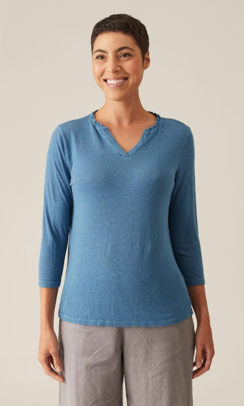 Cut Loose Light Weight Linen Sweater Ruffle Neck Top