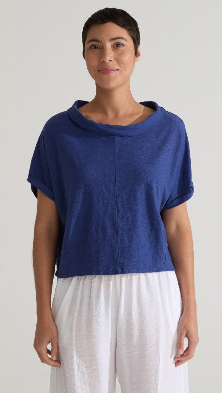 Cut Loose Linen Cotton Jersey Roll Sleeve Cowl Top