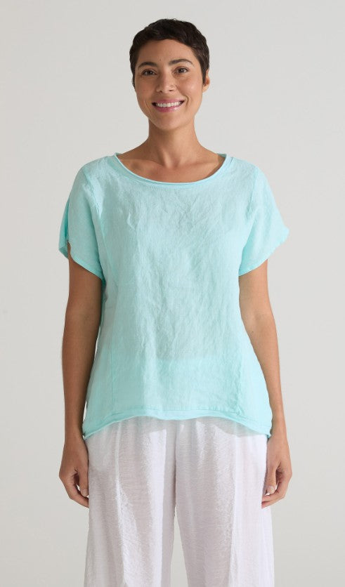 Cut Loose Linen Combo Short Sleeve Hi Low Pullover
