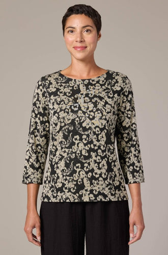 Cut Loose Floral Jacquard 3/4 Sleeve Boatneck Top