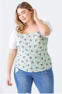 Mint Flower Print Mesh Short Sleeve Top