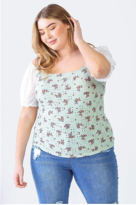 Mint Flower Print Mesh Short Sleeve Top