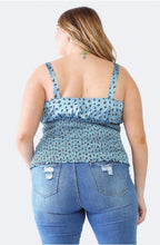 Load image into Gallery viewer, Blue Flower Satin Strappy Smocked Top (1X-3X)- On Sale!