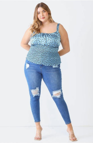 Blue Flower Satin Strappy Smocked Top (1X-3X)- On Sale!